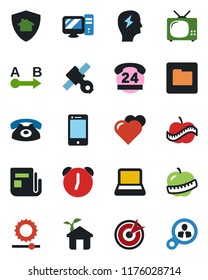 Color and black flat icon set - brainstorm vector, heart, diet, satellite, 24 hours, route, news, cell phone, alarm, folder, brightness, notebook pc, tv, eco house, home protect, target