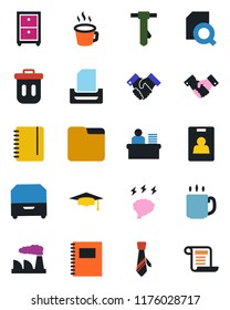 Color and black flat icon set - handshake vector, graduate, notepad, tie, brainstorm, factory, folder, coffee, copybook, document search, identity card, manager desk, paper tray, archive box