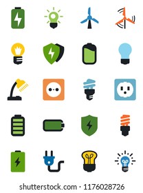 Color and black flat icon set - bulb vector, battery, protect, charge, desk lamp, windmill, socket, power plug, energy saving, idea