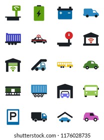 Color and black flat icon set - airport bus vector, parking, alarm car, ladder, truck trailer, delivery, heavy scales, railroad, garage, gate control, battery
