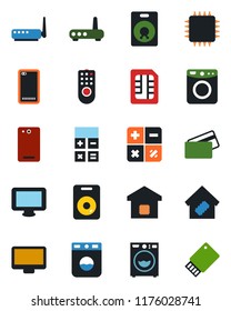 Color and black flat icon set - calculator vector, monitor, speaker, phone back, sim, washer, smart home, credit card, chip, remote control, router, usb flash