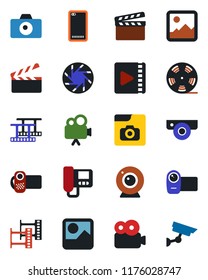 Color and black flat icon set - camera vector, clapboard, film frame, reel, video, phone back, mobile, gallery, photo, web, intercome, surveillance