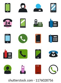 Color and black flat icon set - phone vector, mobile, office, 24 hours, support, cell, radio, back, call