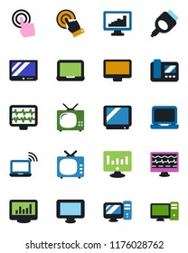 Color and black flat icon set - wireless notebook vector, pc, statistic monitor, pulse, tv, touch screen, laptop, hdmi, statistics, intercome