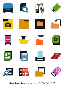 Color and black flat icon set - office binder vector, document search, receipt, folder, photo gallery, paper, tray, archive box, usb flash