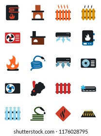 Color and black flat icon set - fire vector, hose, fireplace, heater, air conditioner, water, smoke detector, radiator, warm floor