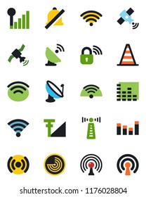 Color and black flat icon set - antenna vector, border cone, radar, satellite, equalizer, wireless, mute, cellular signal, lock