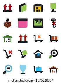 Color and black flat icon set - baggage trolley vector, fragile, cargo, warehouse storage, up side sign, no, hook, package, search, scanner, blank box