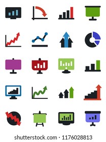 Color and black flat icon set - growth statistic vector, presentation board, crisis graph, monitor, circle chart, statistics, bar, point, arrow up