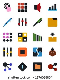Color and black flat icon set - package vector, sorting, settings, touch screen, stop button, menu, folder, application, pen, sound, information, social media