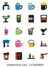 Color and black flat icon set - hot cup vector, coffee machine, water supply, alcohol, wine card, drink, cocktail, phyto bar, beer, turkish