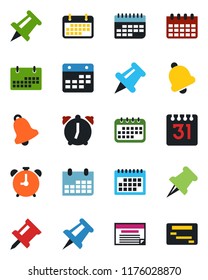 Color and black flat icon set - alarm clock vector, drawing pin, calendar, term, paper, bell, schedule