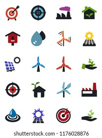 Color and black flat icon set - factory vector, bird house, target, sun panel, windmill, eco, water, palm sproute
