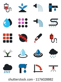 Color and black flat icon set - crisis graph vector, watering, water drop, rain, drip irrigation, dropper, menu, supply, sprinkler