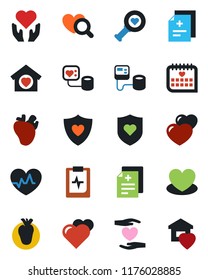 Color and black flat icon set - heart vector, pulse, diagnosis, blood pressure, diagnostic, shield, hand, real, medical calendar, clipboard, sweet home