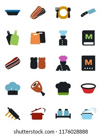 Color and black flat icon set - cook vector, cafe, hat, menu, bacon, salt and pepper, ham, bowl, rolling pin, cutting board, knife, steaming pan