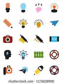 Color and black flat icon set - automatic door vector, brainstorm, bulb, camera, pencil, fence, rolling pin, energy saving, shining head, idea, paper plane, crisis management