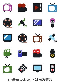 Color and black flat icon set - reel vector, satellite, tv, video camera, remote control, monitor