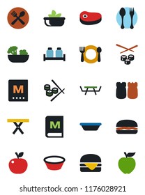 Color and black flat icon set - spoon and fork vector, picnic table, cafe, menu, salad, salt pepper, steak, hamburger, bowl, sushi, apple fruit