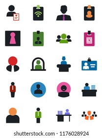 Color and black flat icon set - female vector, reception, manager, identity card, patient, user, desk, estate agent, pass, group