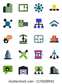 Color and black flat icon set - hierarchy vector, well, molecule, hospital, office building, garage, plan, home message