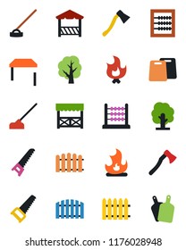 Color and black flat icon set - fence vector, tree, saw, fire, hoe, axe, abacus, table, alcove, cutting board