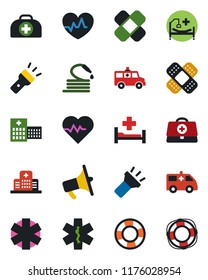 Color and black flat icon set - hose vector, heart pulse, doctor case, patch, ambulance star, car, hospital bed, loudspeaker, torch, crisis management