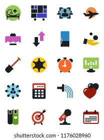 Color and black flat icon set - alarm clock vector, hierarchy, statistic monitor, shovel, watering, hospital bed, plane, consolidated cargo, microphone, heart, data exchange, hr, book, fridge