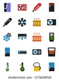 Color and black flat icon set - thermometer vector, heater, air conditioner, fridge, drink, beer, snowflake