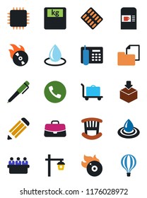Color and black flat icon set - baggage trolley vector, coffee machine, phone, case, meeting, pencil, water drop, garden light, scales, pills blister, folder document, package, flame disk, office