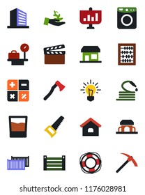 Color and black flat icon set - luggage scales vector, office building, calculator, abacus, saw, hose, axe, cargo container, clapboard, house, drink, cafe, washer, palm sproute, idea, presentation