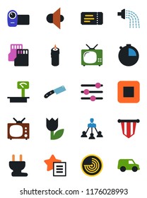 Color and black flat icon set - ticket vector, radar, pennant, watering, tulip, heavy scales, speaker, video camera, favorites list, stop button, tuning, stopwatch, sd, hierarchy, tv, candle, knife