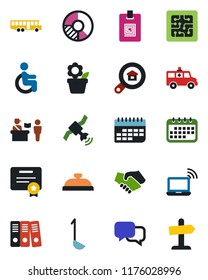 Color and black flat icon set - airport bus vector, passport control, wireless notebook, circle chart, flower in pot, ambulance car, disabled, term, satellite, dialog, identity card, paper binder