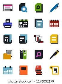 Color and black flat icon set - contract vector, document search, pen, calendar, printer, medical, folder, news, copybook, book, schedule