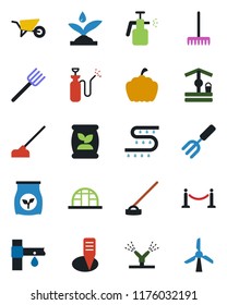 Color and black flat icon set - fence vector, garden fork, farm, rake, wheelbarrow, well, hoe, plant label, pumpkin, greenhouse, sprayer, fertilizer, drip irrigation, windmill