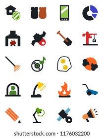 Color and black flat icon set - reception vector, job, circle chart, rake, lawn mower, fire, broken bone, satellite, mobile, music, desk lamp, pencil, fireplace, crane, estate insurance, omelette