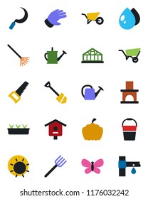 Color and black flat icon set - job vector, farm fork, rake, watering can, wheelbarrow, bucket, glove, saw, butterfly, seedling, water drop, sun, sickle, pumpkin, fireplace, greenhouse, bird house