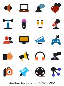 Color and black flat icon set - reel vector, camera, microphone, antenna, speaker, loudspeaker, gamepad, remote control, headphones, monitor, laptop pc, group, finger up, heart, paper pin, rca