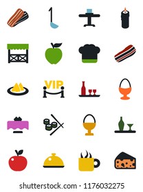 Color and black flat icon set - dish vector, alcohol, restaurant table, serviette, cook hat, coffee, bacon, egg stand, candle, vip zone, alcove, ladle, sushi, apple fruit, cheese