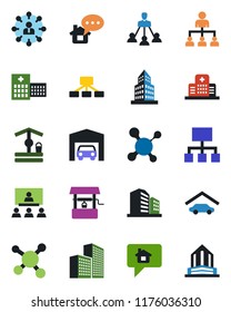 Color and black flat icon set - hierarchy vector, well, molecule, hospital, office building, garage, home message