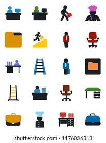 Color and black flat icon set - manager vector, desk, place, ladder, folder, career, cook, office chair, case