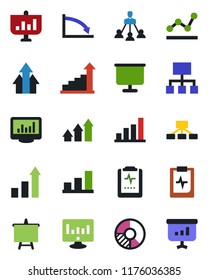 Color and black flat icon set - growth statistic vector, presentation board, monitor, circle chart, pulse clipboard, statistics, bar graph, point, hierarchy, arrow up, crisis