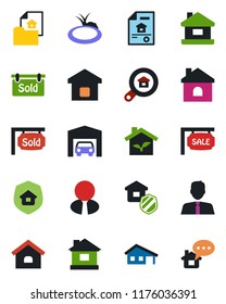 Color and black flat icon set - house vector, pond, with garage, estate document, sale, sold signboard, search, agent, smart home, insurance, eco, message