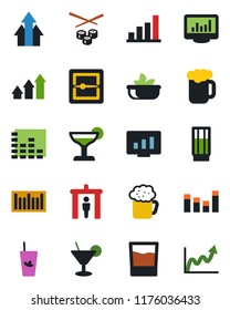 Color and black flat icon set - security gate vector, statistic monitor, barcode, equalizer, scanner, statistics, bar graph, drink, cocktail, phyto, beer, salad, sushi, arrow up, growth