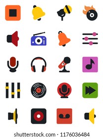 Color and black flat icon set - vinyl vector, flame disk, microphone, radio, speaker, settings, headphones, stop button, fast forward, rec, tuning, bell, record, music, sound