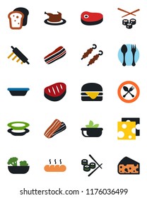 Color and black flat icon set - spoon and fork vector, salad, plates, bacon, bread, chicken, steak, kebab, hamburger, bowl, rolling pin, sushi, cheese