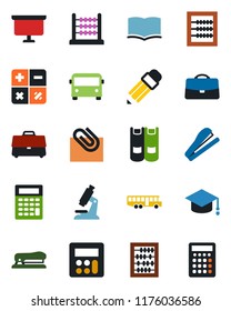 Color and black flat icon set - airport bus vector, book, calculator, graduate, abacus, presentation board, microscope, case, paper clip, pencil, stapler