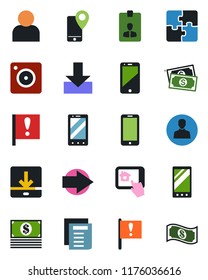 Color and black flat icon set - right arrow vector, mobile phone, identity card, document, important flag, cash, tracking, cell, camera, user, download, application, home control app