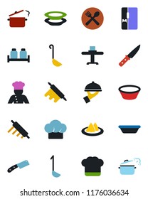 Color and black flat icon set - fridge vector, cook, restaurant table, serviette, cafe, hat, plates, waiter, salt and pepper, ladle, bowl, rolling pin, knife, steaming pan