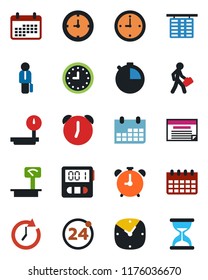 Color and black flat icon set - 24 around vector, alarm clock, flight table, calendar, heavy scales, stopwatch, manager, schedule, sand